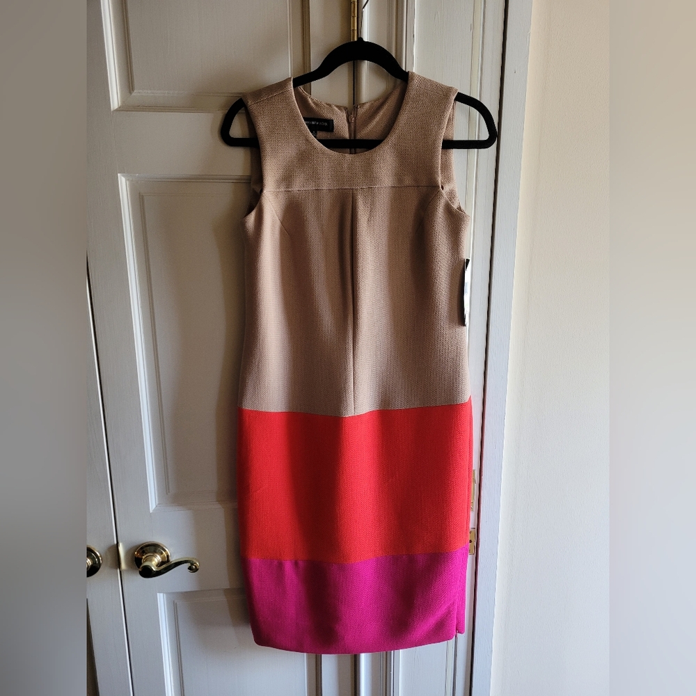 Jones New York Tan, Red, and Pink Midi Dress